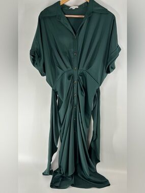 Mable Dark Green Maxi Shirt Dress with Button Front